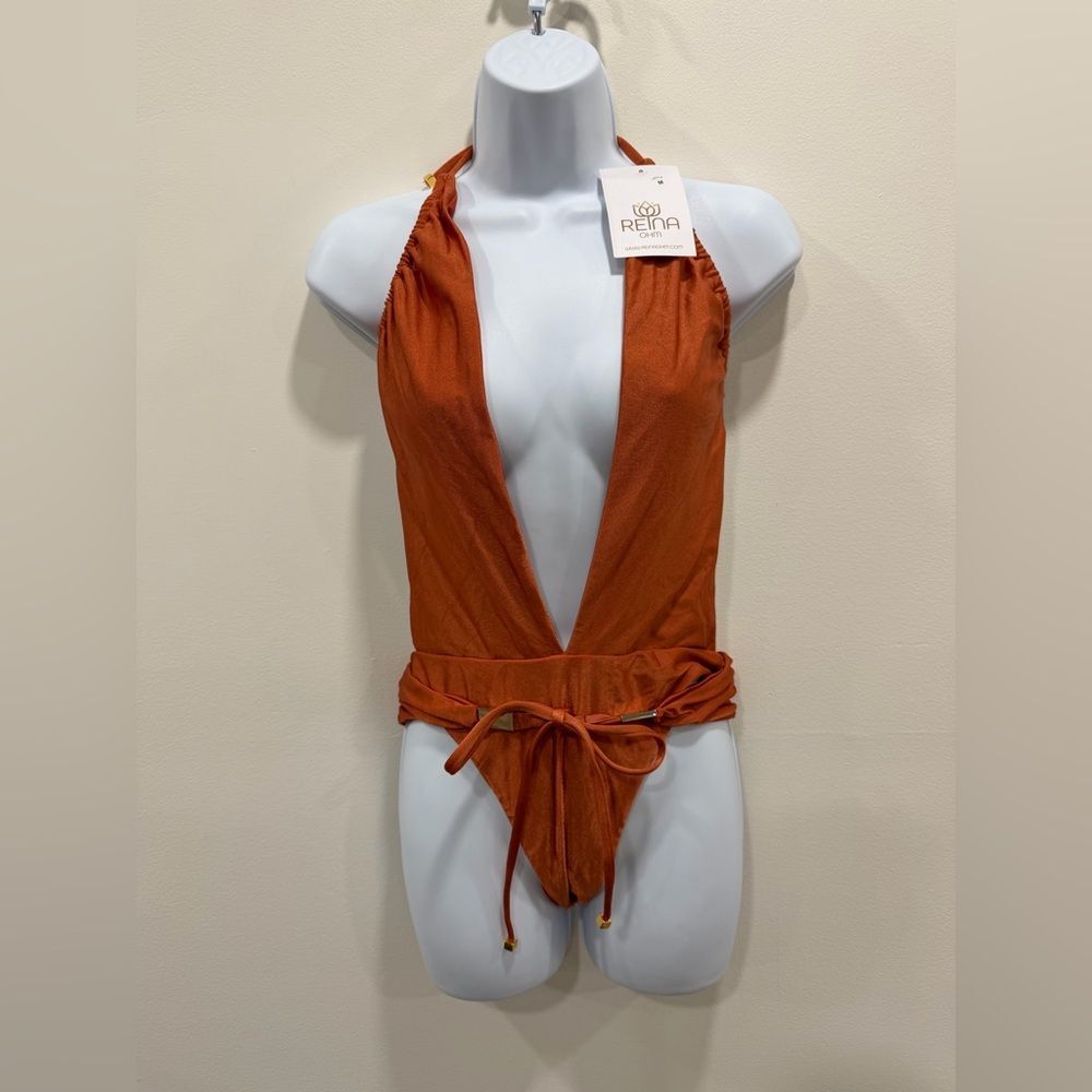 Reina Olga Rust Plunge Halter One Piece Tie Waist L